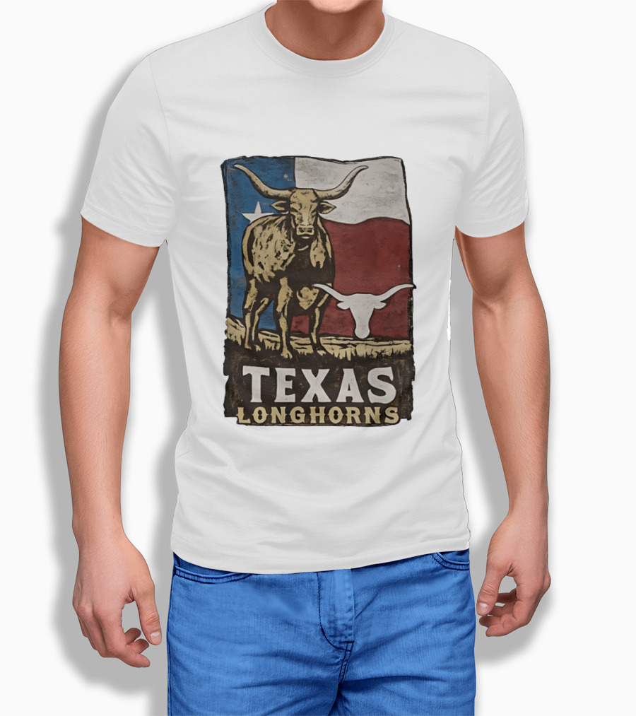 Texas Longhorns Flag Vintage Style Cow T-Shirt