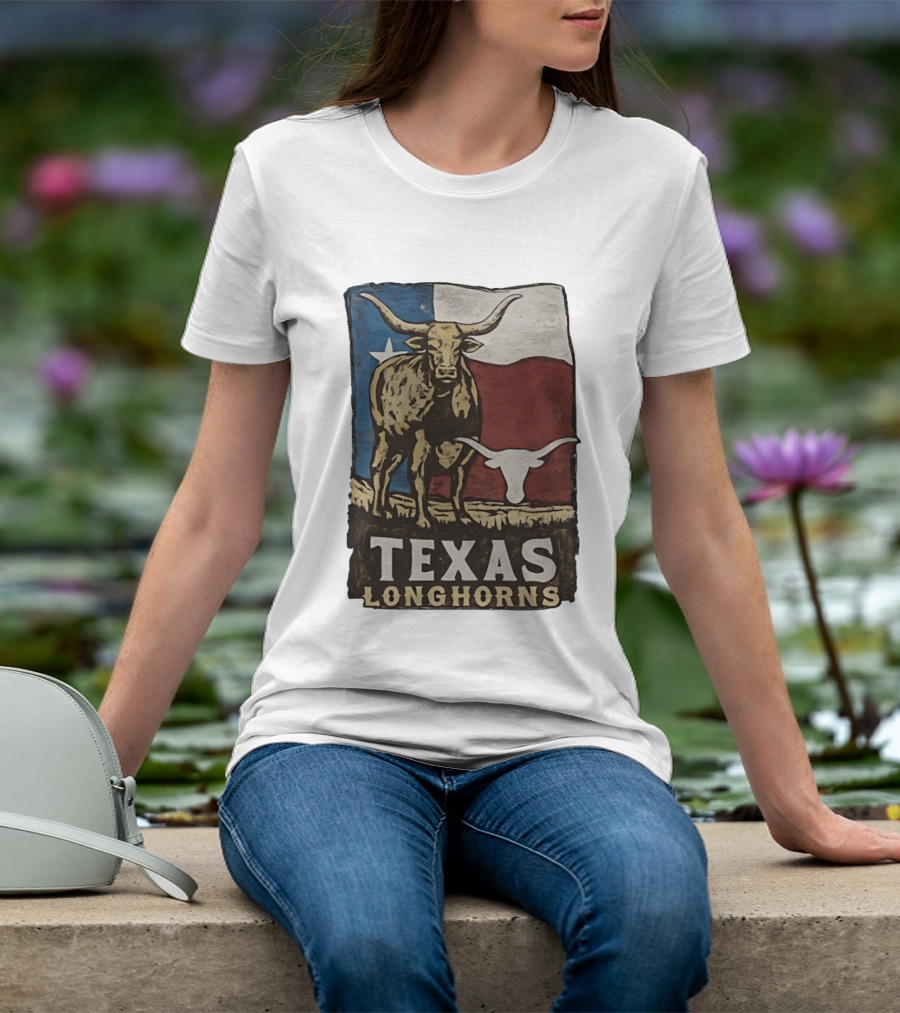 Texas Longhorns Flag Vintage Style Cow T-Shirt