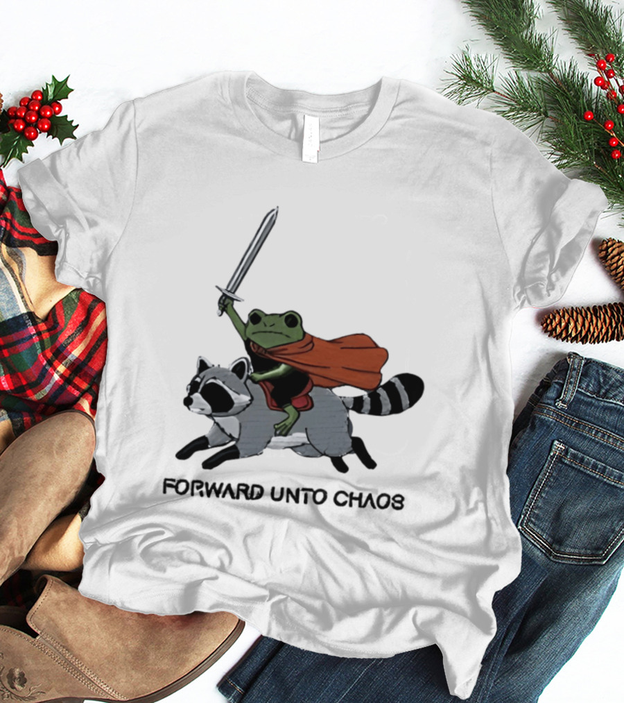 Embroidered Sword Wielding Frog Riding Raccoon Forward Unto Chaos T-Shirt