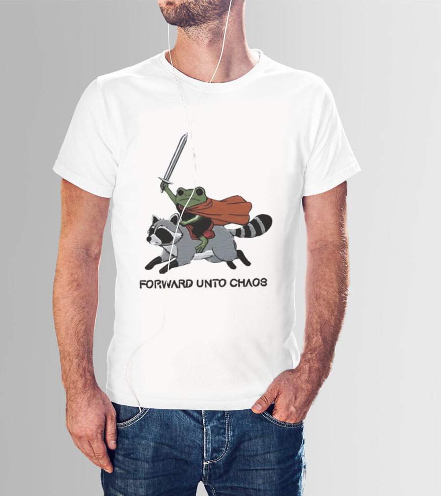 Embroidered Sword Wielding Frog Riding Raccoon Forward Unto Chaos T-Shirt