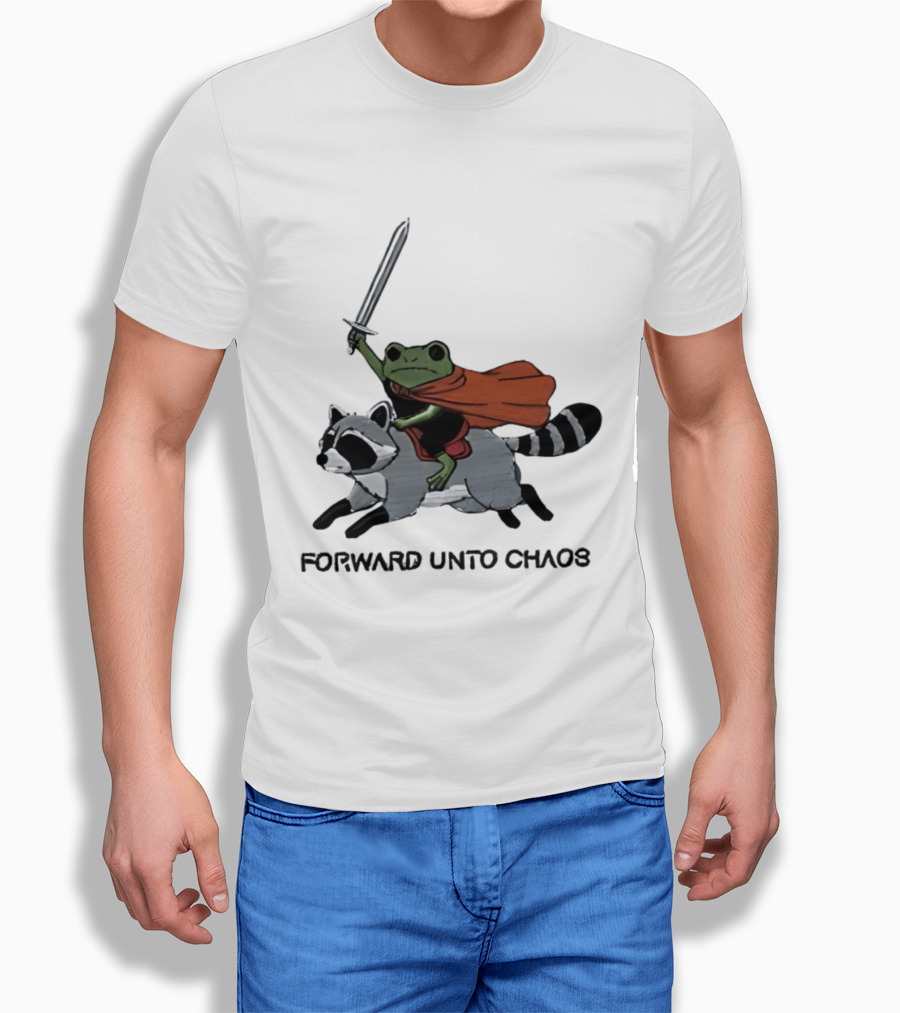 Embroidered Sword Wielding Frog Riding Raccoon Forward Unto Chaos T-Shirt