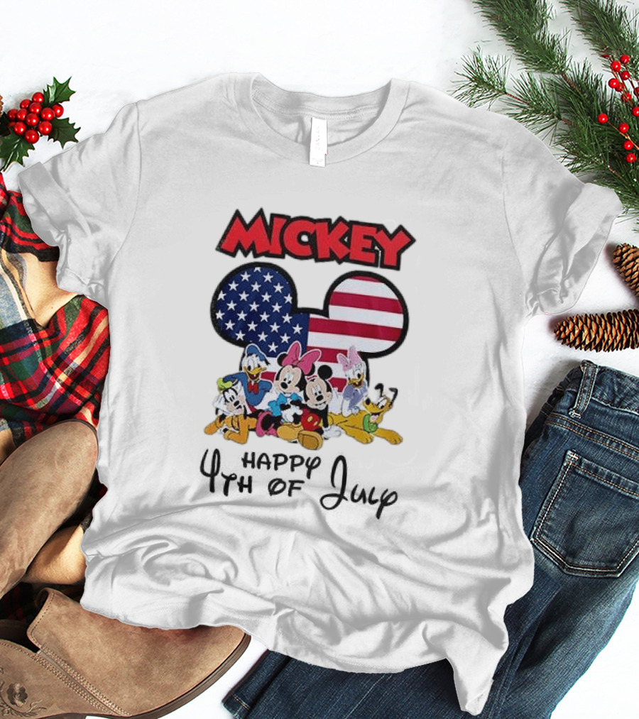 Mickey Mouse Happy 4th Of July Disney Celebration With American Flag And Characters T-Shirt