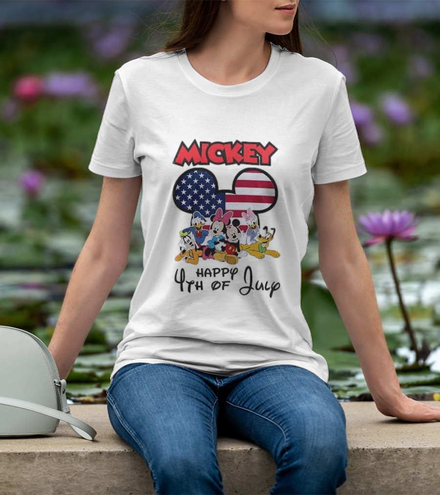 Mickey Mouse Happy 4th Of July Disney Celebration With American Flag And Characters T-Shirt
