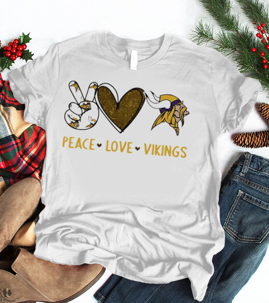 Minnesota Vikings Peace Love Vikings Hand Sign Heart Football Team T-Shirt