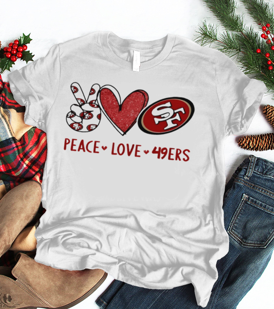 PEACE LOVE 49ERS SF Football Team Logo Heart T-Shirt