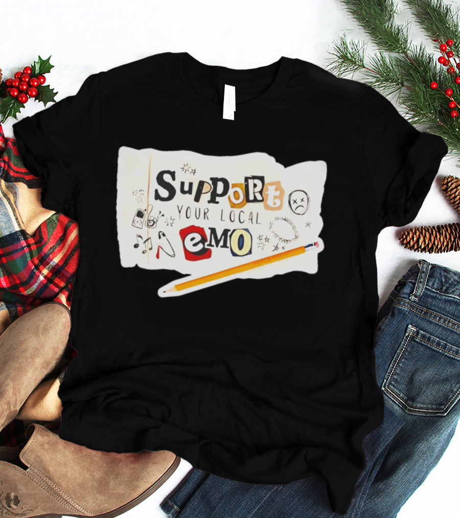 Support Your Local Emo Cutout Style With Pencil And Emojis T-Shirt