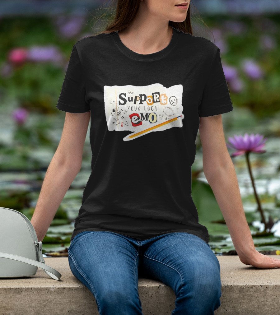 Support Your Local Emo Cutout Style With Pencil And Emojis T-Shirt