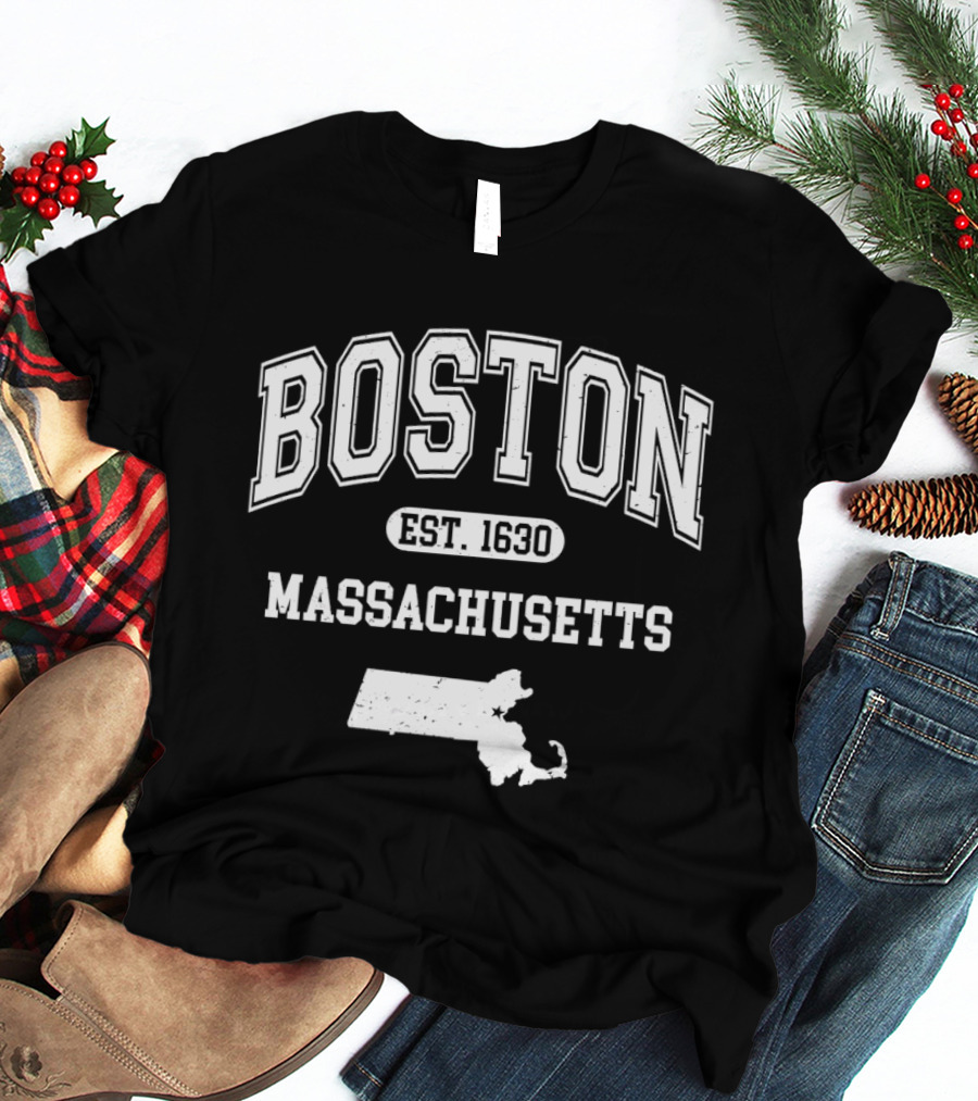 Boston Massachusetts Est 1630 Varsity With State T-Shirt