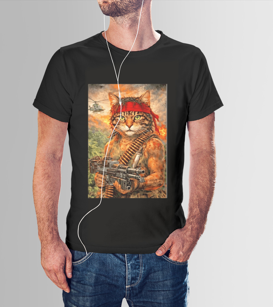 Rambo Cat With MG 3 Gun On Battlefield With Helicopter And Jungle Backdrop T-Shirt