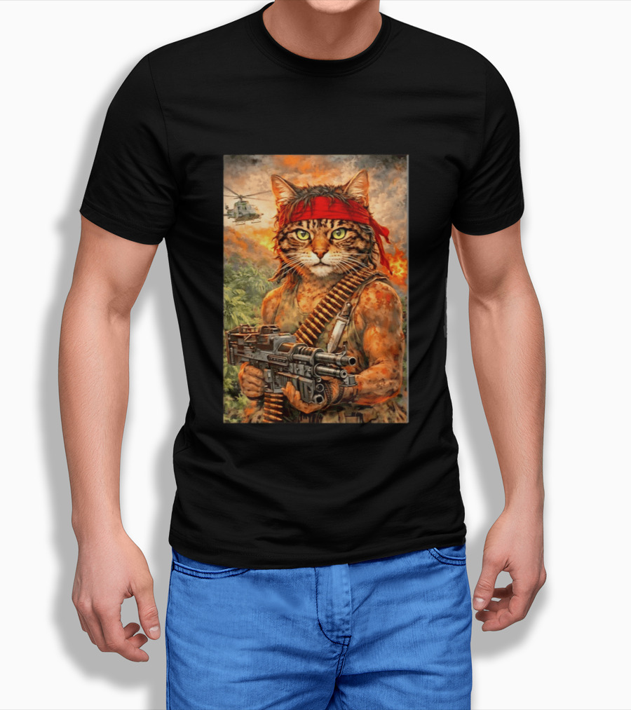 Rambo Cat With MG 3 Gun On Battlefield With Helicopter And Jungle Backdrop T-Shirt