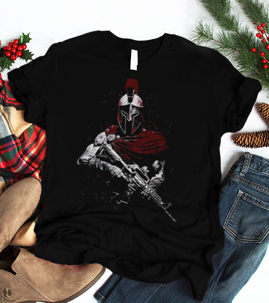 Warrior Ethos Holding Gun Wearing Spartan Helmet Blood Red Cape T-Shirt