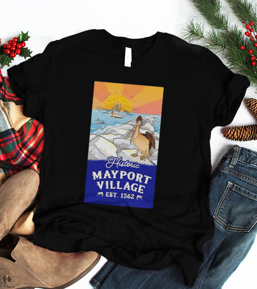 Historic Mayport Village EST 1562 Ocean Sunrise Pelican And Fishing Boat T-Shirt