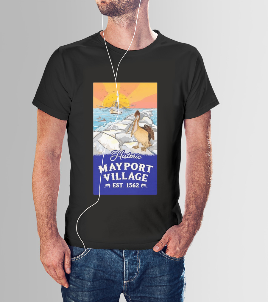 Historic Mayport Village EST 1562 Ocean Sunrise Pelican And Fishing Boat T-Shirt