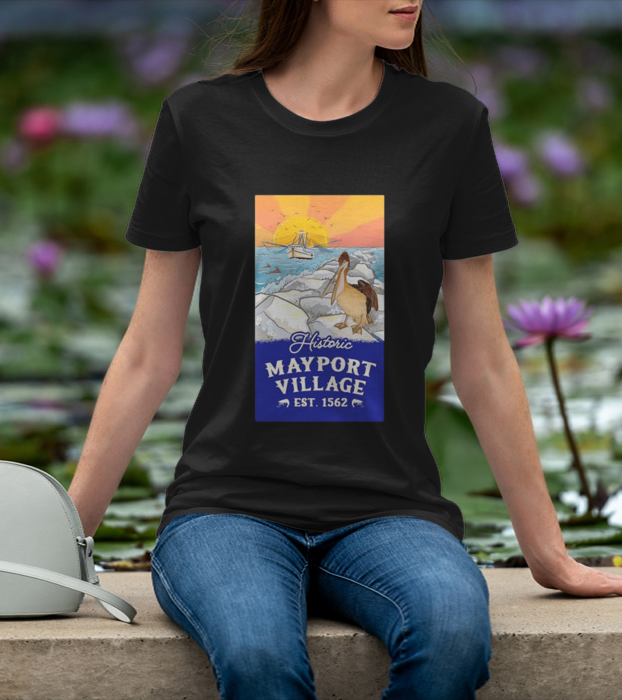Historic Mayport Village EST 1562 Ocean Sunrise Pelican And Fishing Boat T-Shirt