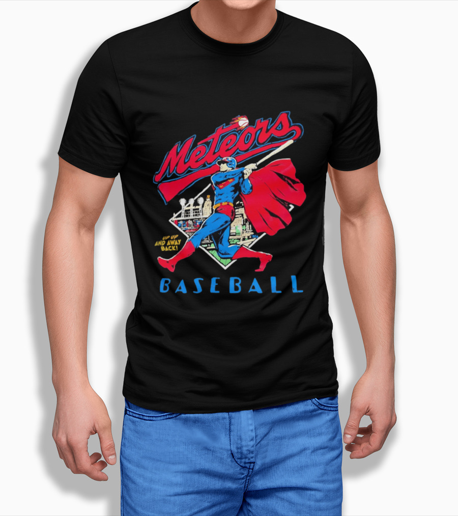 Meteors Baseball Superhero Swinging Bat Power City Stadium Iconic Comic T-Shirt