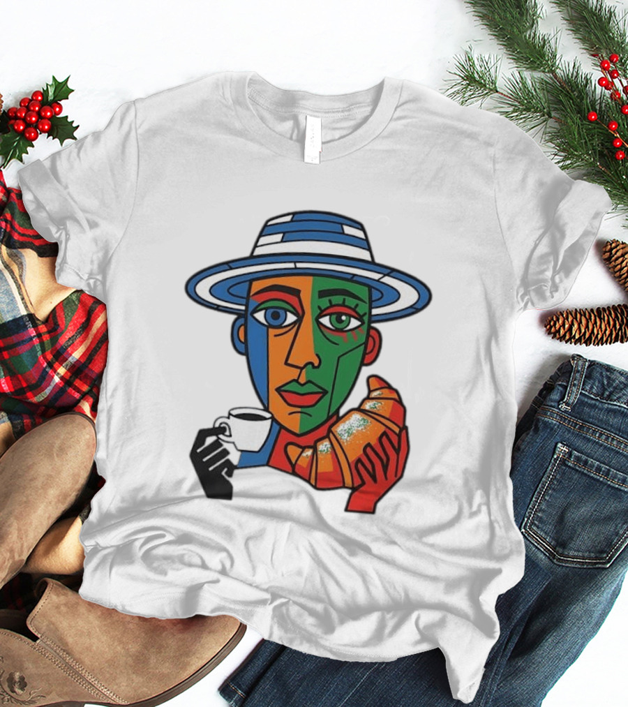 Cubist Coffee Drinker With Hat And Croissant T-Shirt