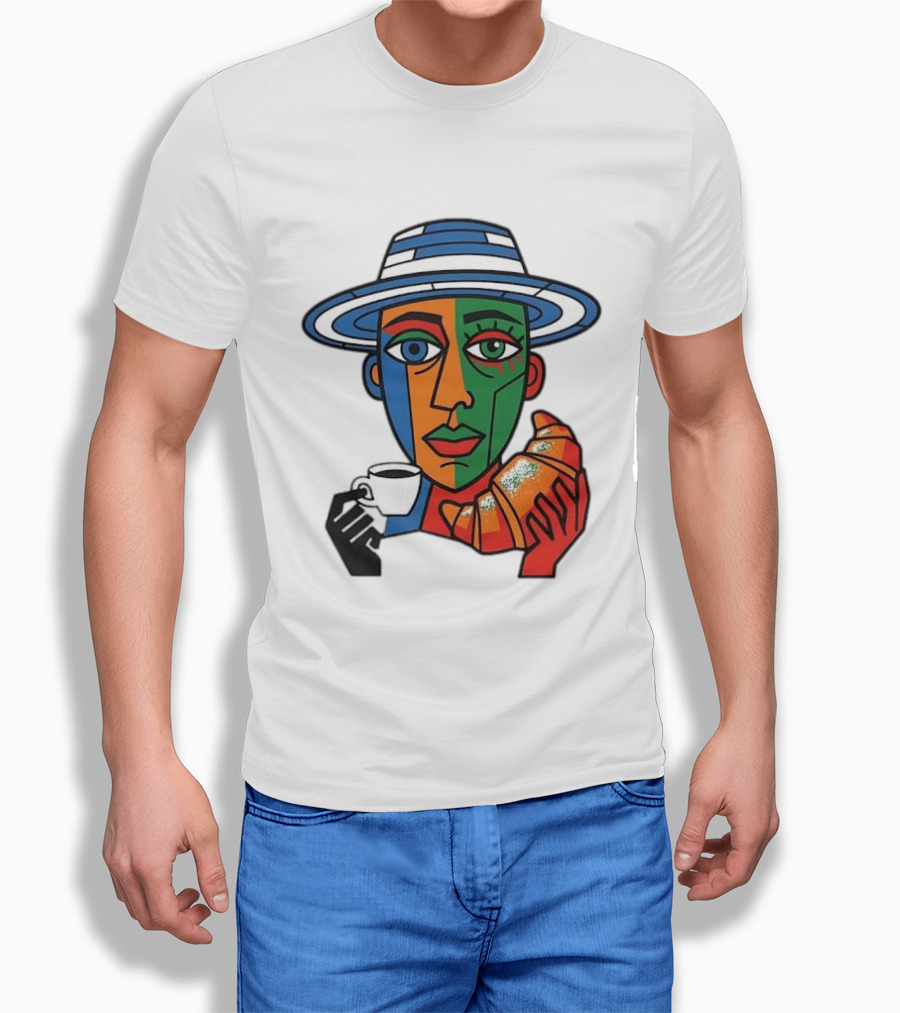 Cubist Coffee Drinker With Hat And Croissant T-Shirt