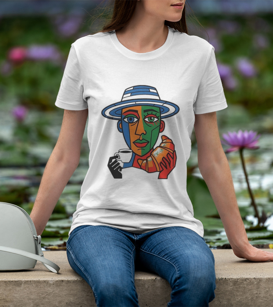 Cubist Coffee Drinker With Hat And Croissant T-Shirt
