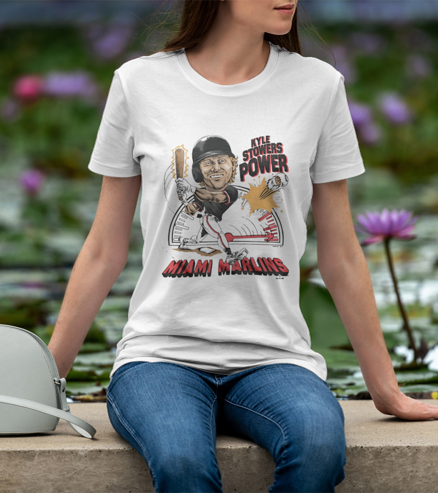 Kyle Stowers Power Miami Marlins Caricature Baseball Swing T-Shirt
