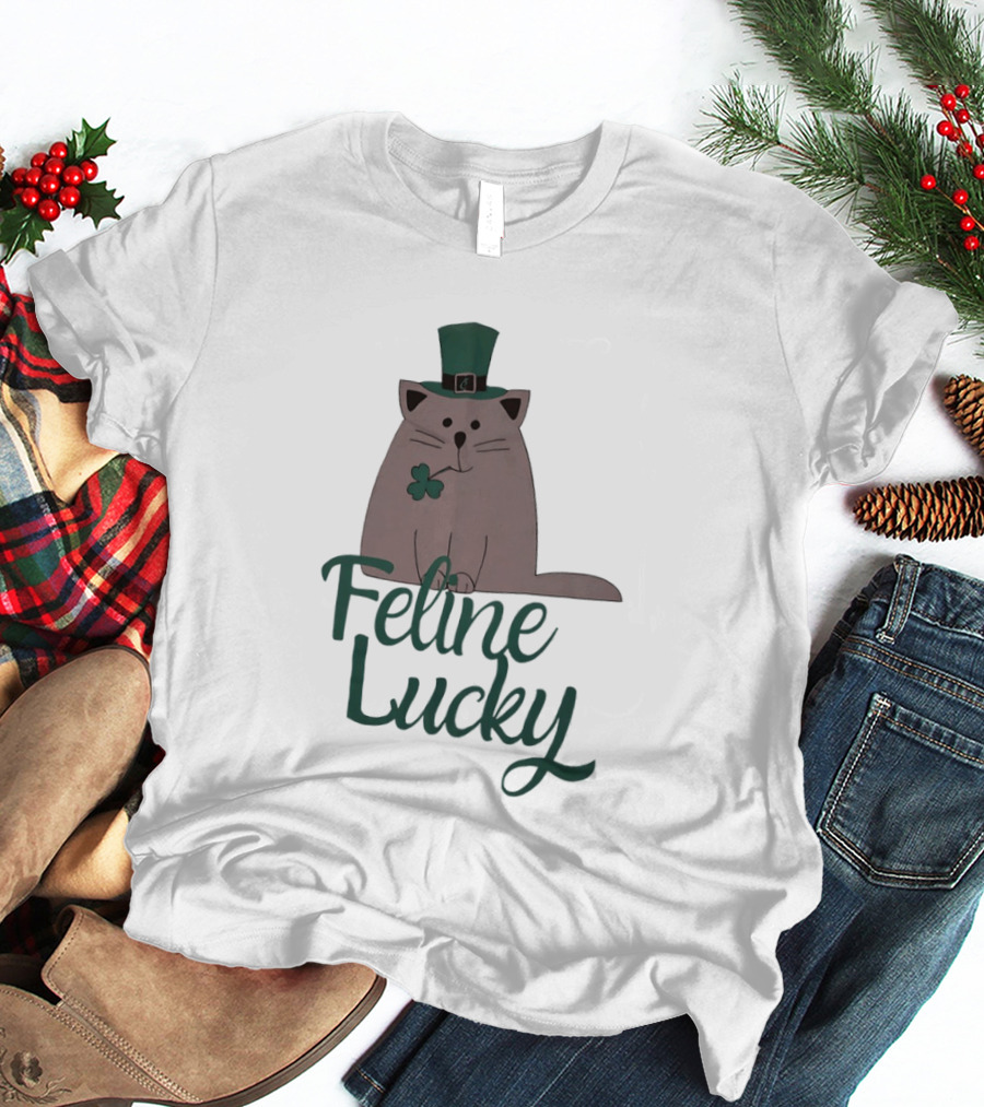 St Patrick's Day Feline Lucky Cat With Shamrock Hat T-Shirt