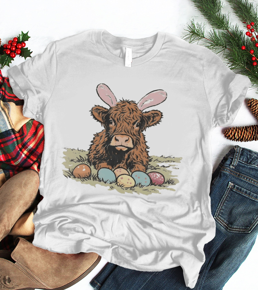 Highland Cow With Easter Eggs And Bunny Ears Easter Day 2026 T-Shirt