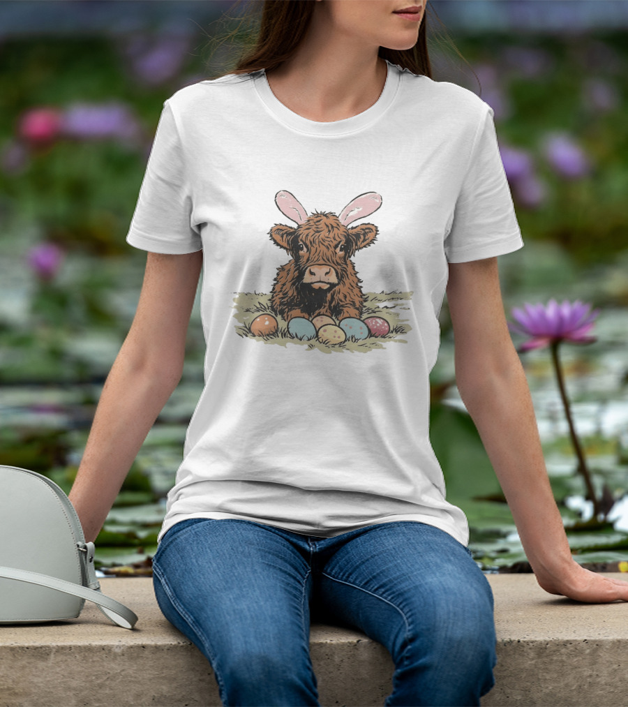 Highland Cow With Easter Eggs And Bunny Ears Easter Day 2026 T-Shirt
