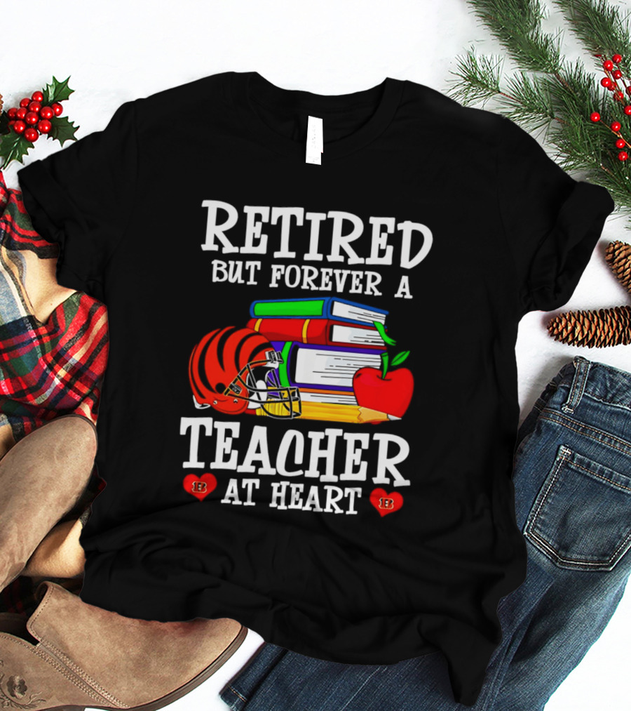 Retired But Forever A Teacher At Heart With Books Helmet And Apple T-Shirt