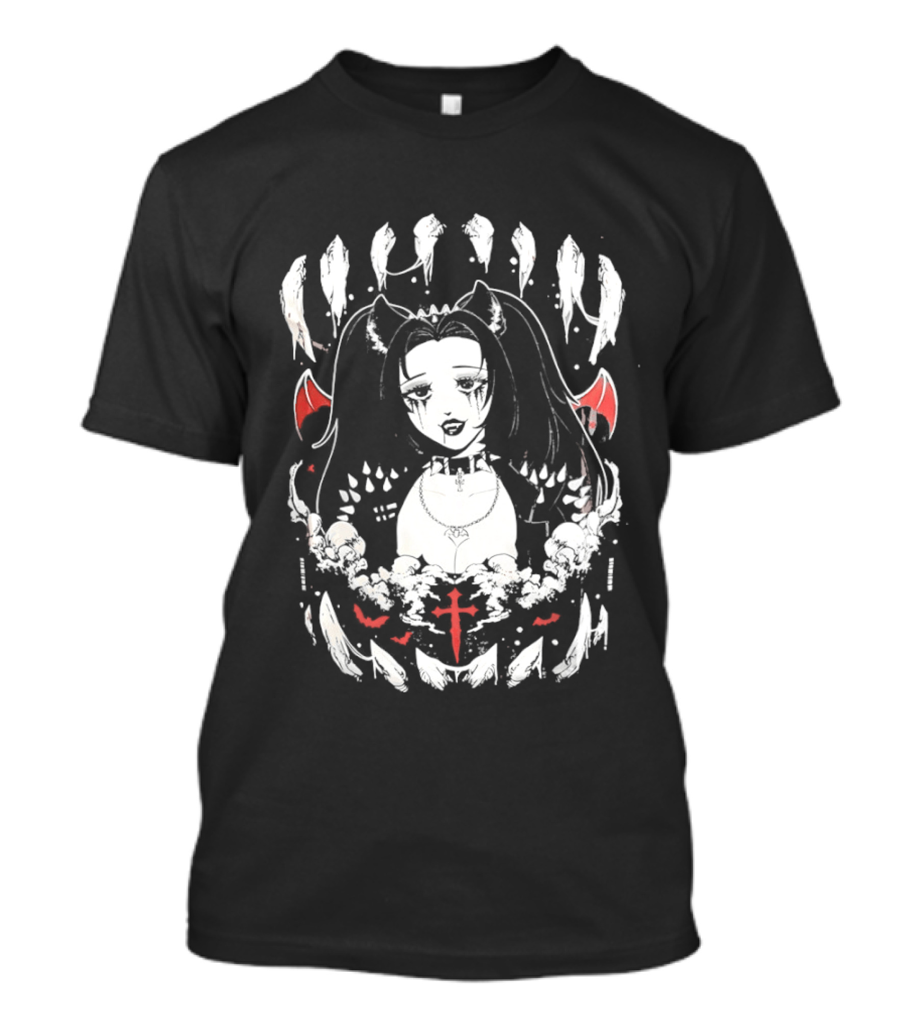 Emo Gothic Girl Bat Wings Cross And Skull Elements Dark Aesthetic T-Shirt