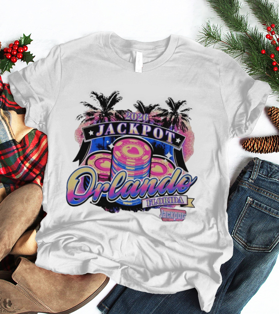 2026 Jackpot Orlando Florida Event With Palm Trees And Poker Chips T-Shirt