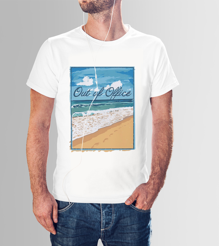 Out Of Office Beach Painting Photo 2025 Blue Sky Ocean Waves Sand T-Shirt