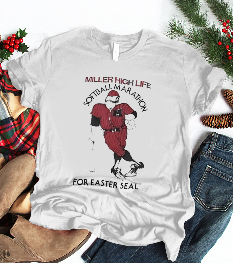 Miller High Life Softball Marathon For Easter Seal Player In Red Uniform T-Shirt