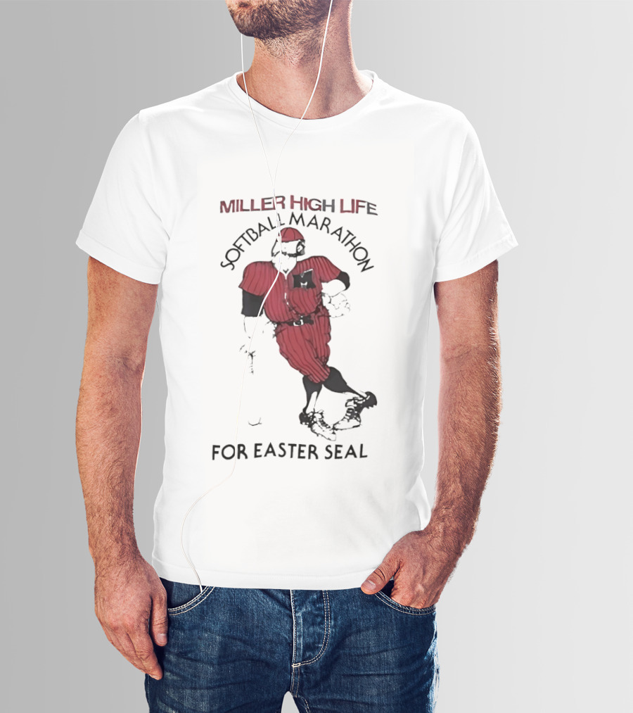 Miller High Life Softball Marathon For Easter Seal Player In Red Uniform T-Shirt