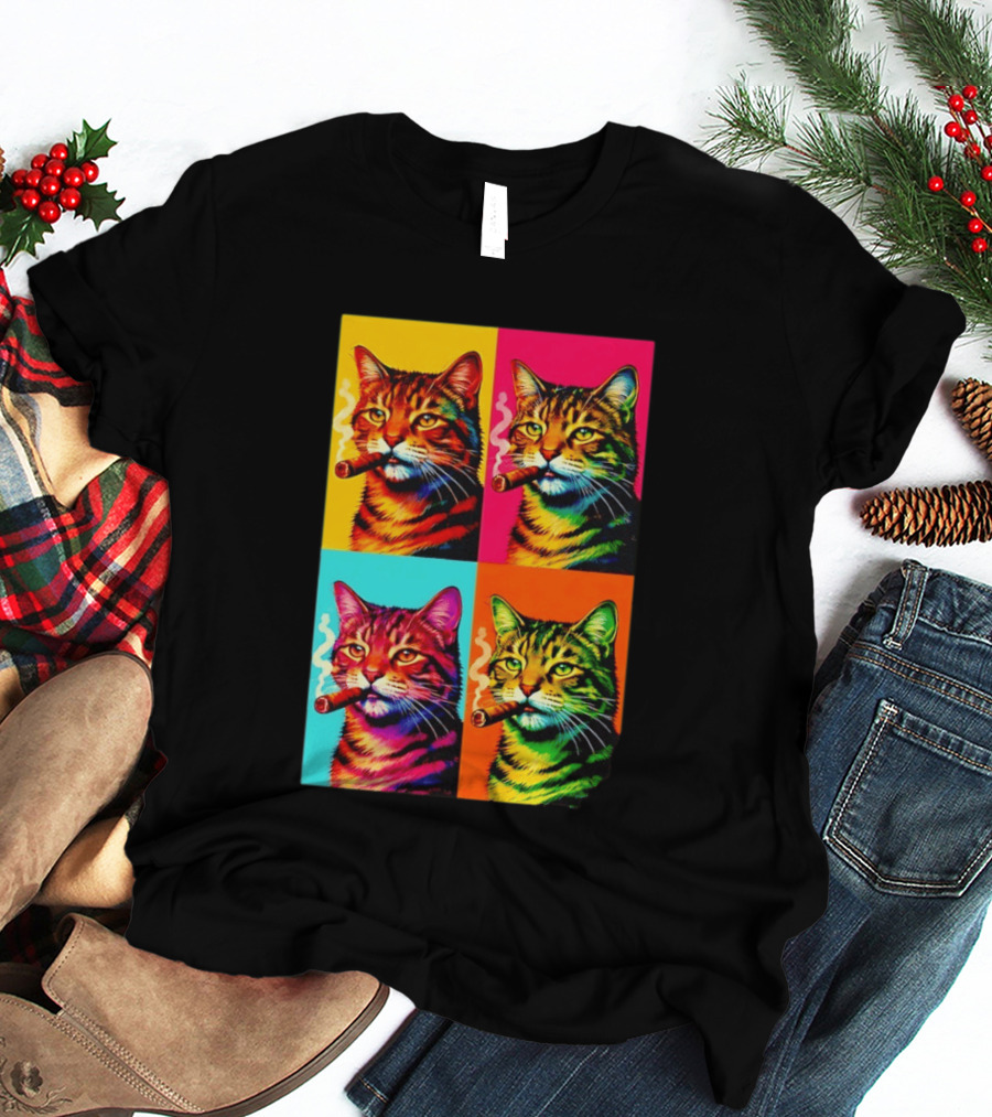 Pop Art Cat Smoking Cigar Colorful Comic T-Shirt