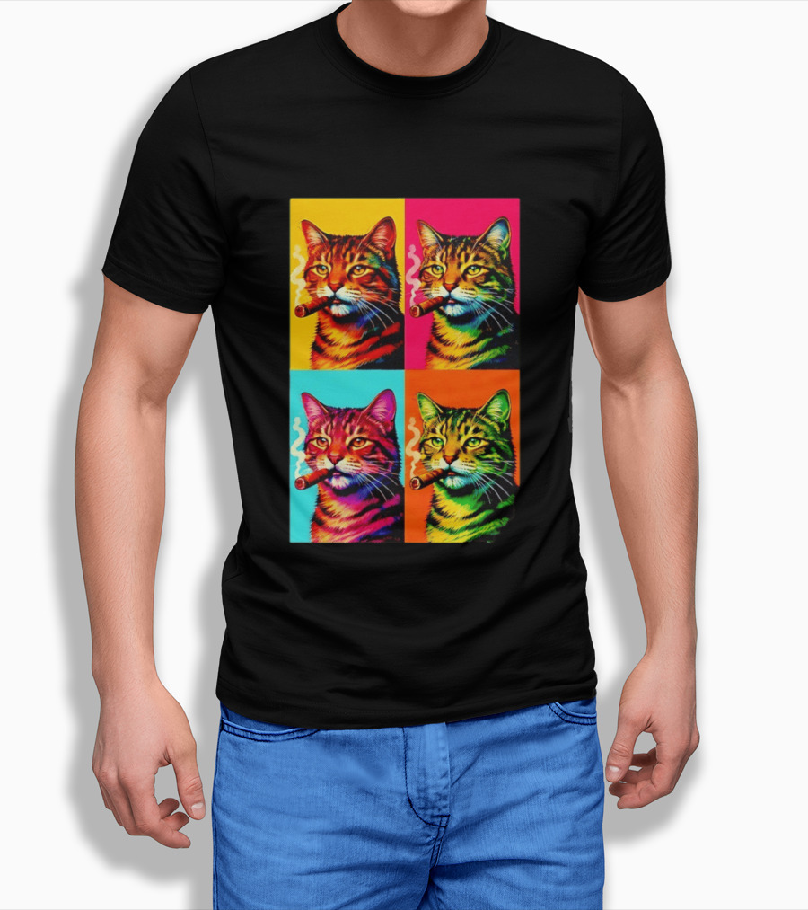 Pop Art Cat Smoking Cigar Colorful Comic T-Shirt