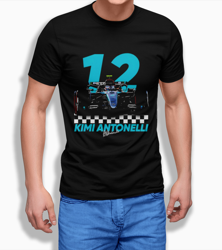Kimi Antonelli 12 Formula One Racing Car With Checkered Flag T-Shirt