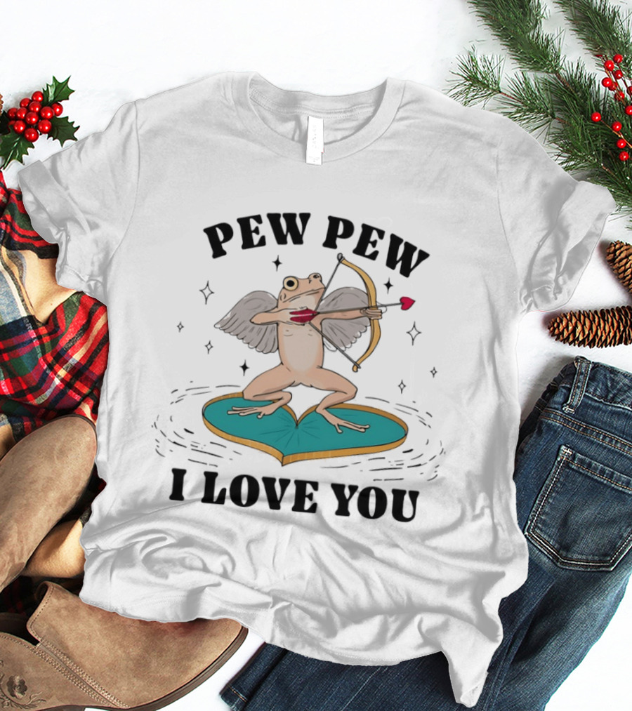 Pew Pew Cupid Frog Holding Love Bow Heart Shaped Lotus Leaf I Love You T-Shirt