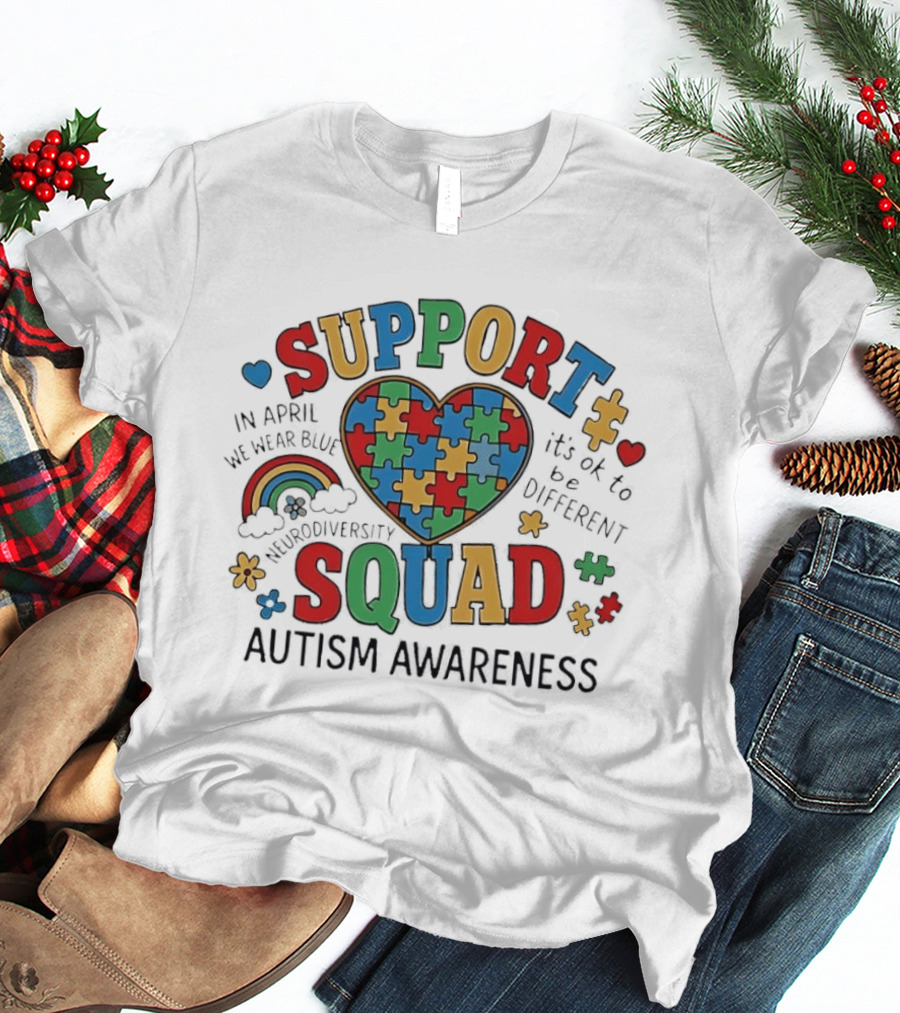 Autism Awareness Support Squad Neurodiversity Rainbow Puzzle Heart T-Shirt