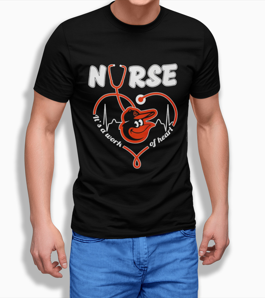 Baltimore Orioles Nurse It's A Work Of Heart Stethoscope And Heartbeat 2026 T-Shirt