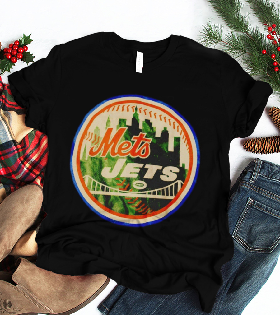 New York Mets Jets Football Baseball Crossover Skyline Bridge T-Shirt
