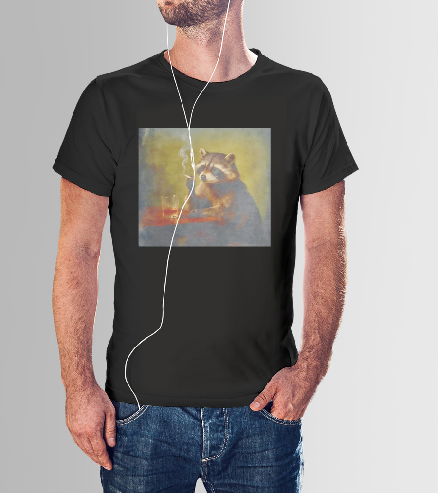 Sad Raccoon Smoking Cigarette And Drinking Whiskey Scene T-Shirt