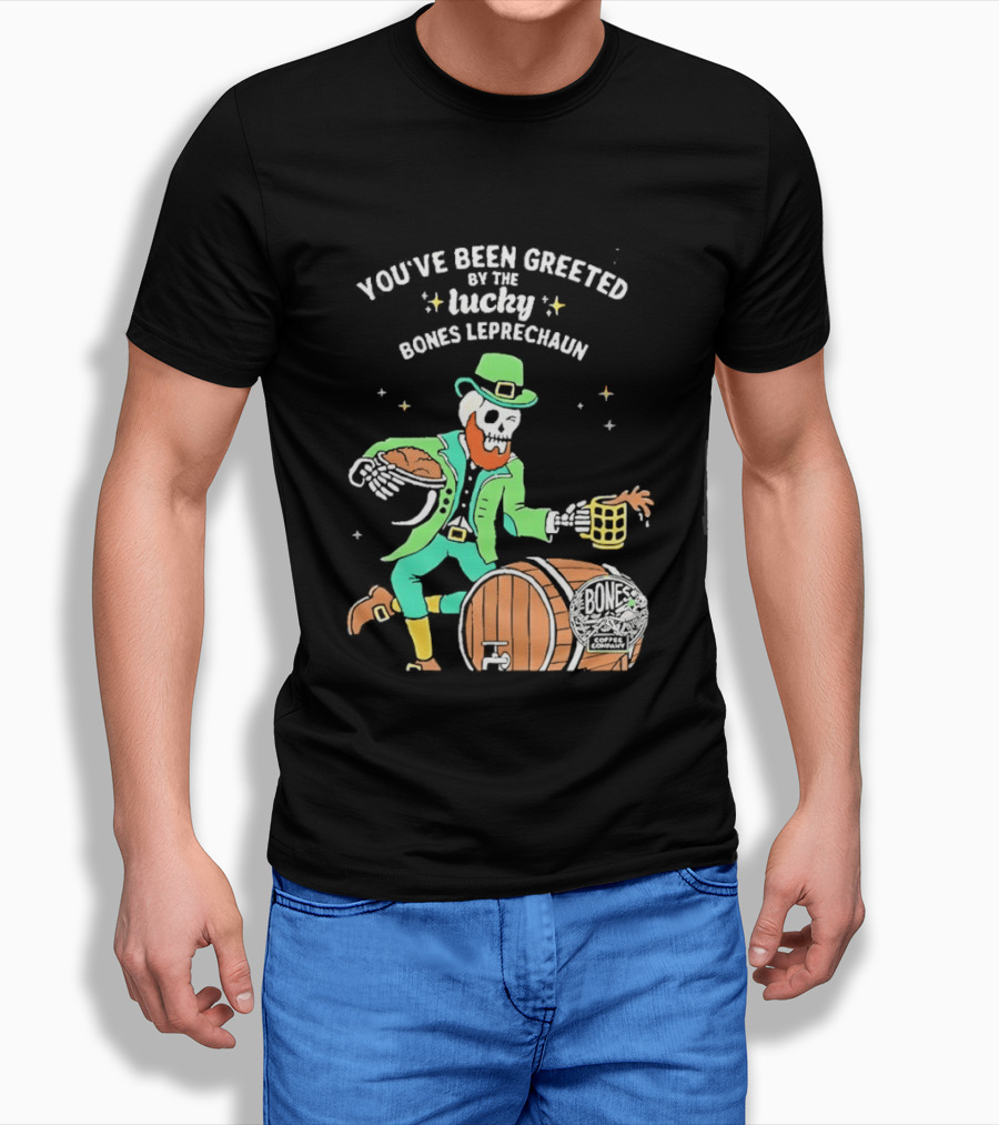 Lucky Bones Leprechaun With Beer And Barrel Celebration T-Shirt