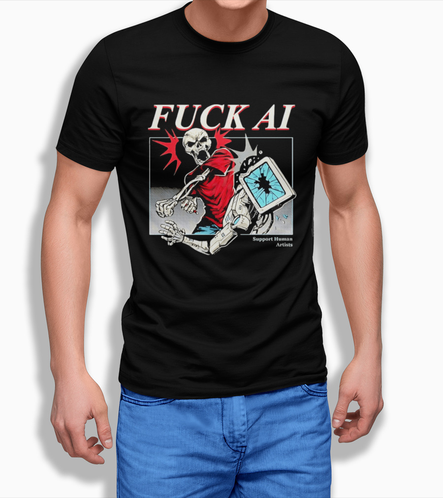 Skeleton Punch Robot Fuck AI Support Human Artists T-Shirt