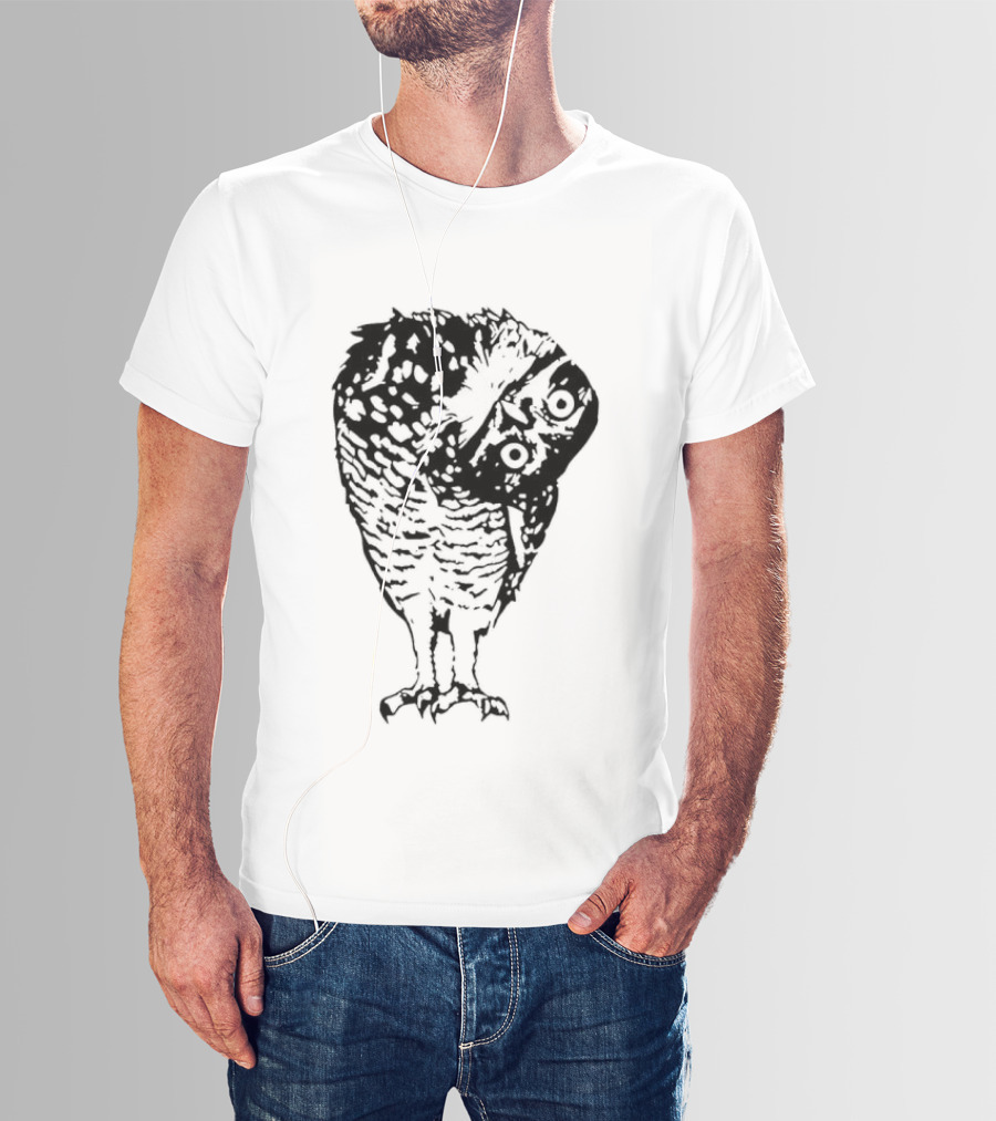 Linocut Owl Head Tilt Curious Bird Wildlife Sketch T-Shirt