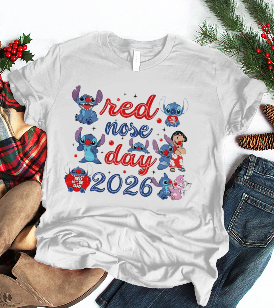 Stitch Red Nose Day 2026 Cartoon Characters Featuring Lilo T-Shirt