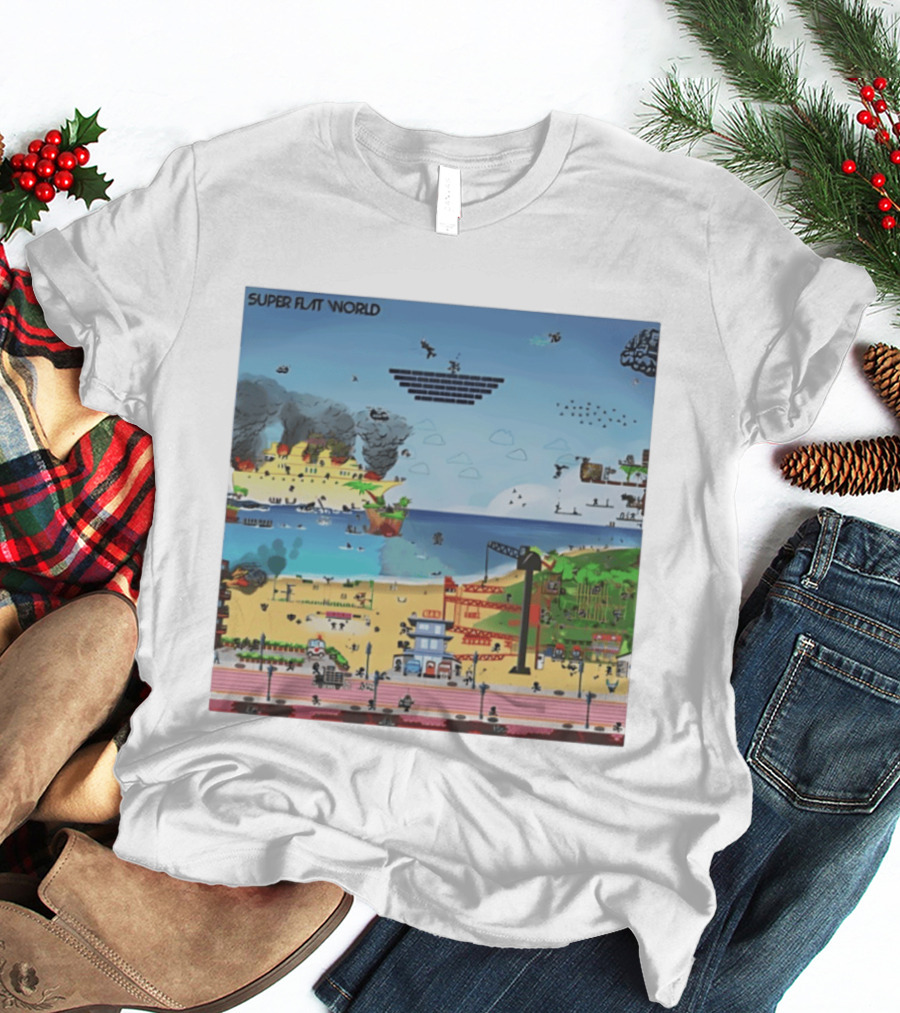 Super Flat World Cartoon Pixel Art Adventure Beach Cityscape Fantasy T-Shirt
