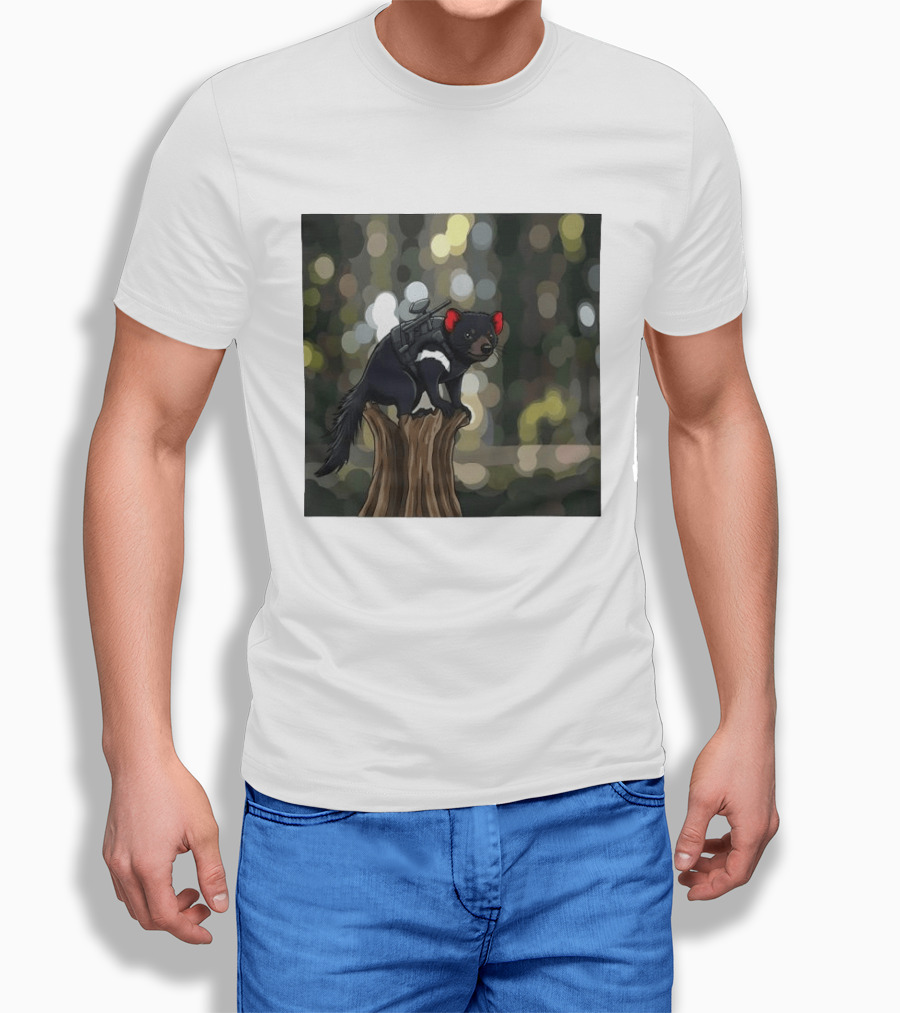 Tasmanian Devil With Machine Gun Cartoon On Tree Stump T-Shirt