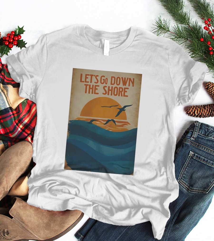 Let's Go Down The Shore Seaside Sunset Ocean Waves And Seagulls T-Shirt
