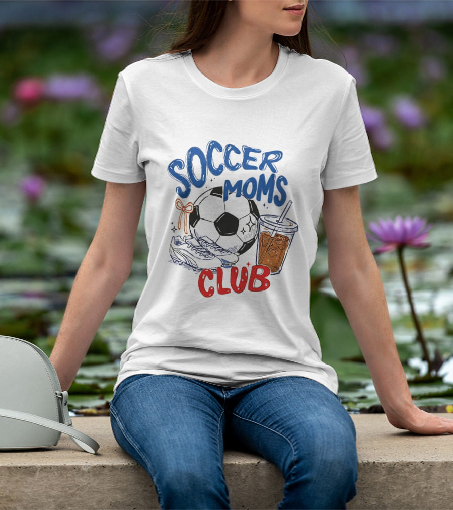 Soccer Moms Club With Soccer Ball Cleats And Iced Drink T-Shirt