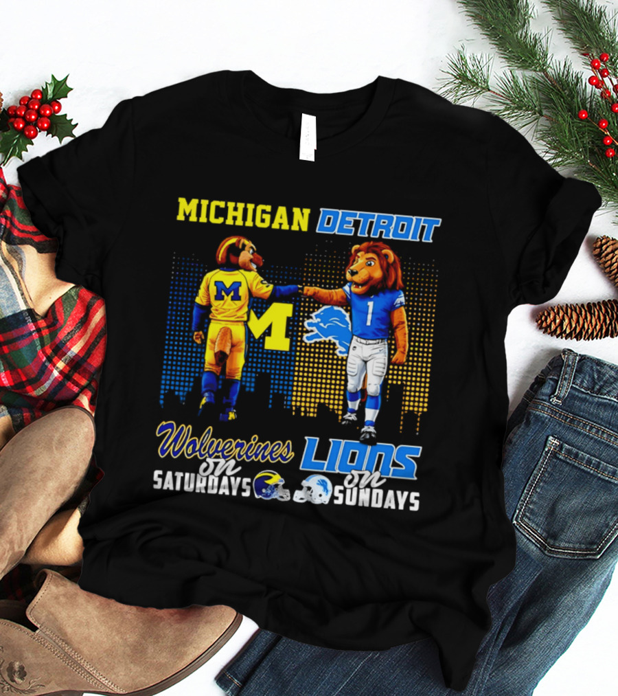 Michigan Wolverines Saturdays Detroit Lions Sundays Skyline T-Shirt