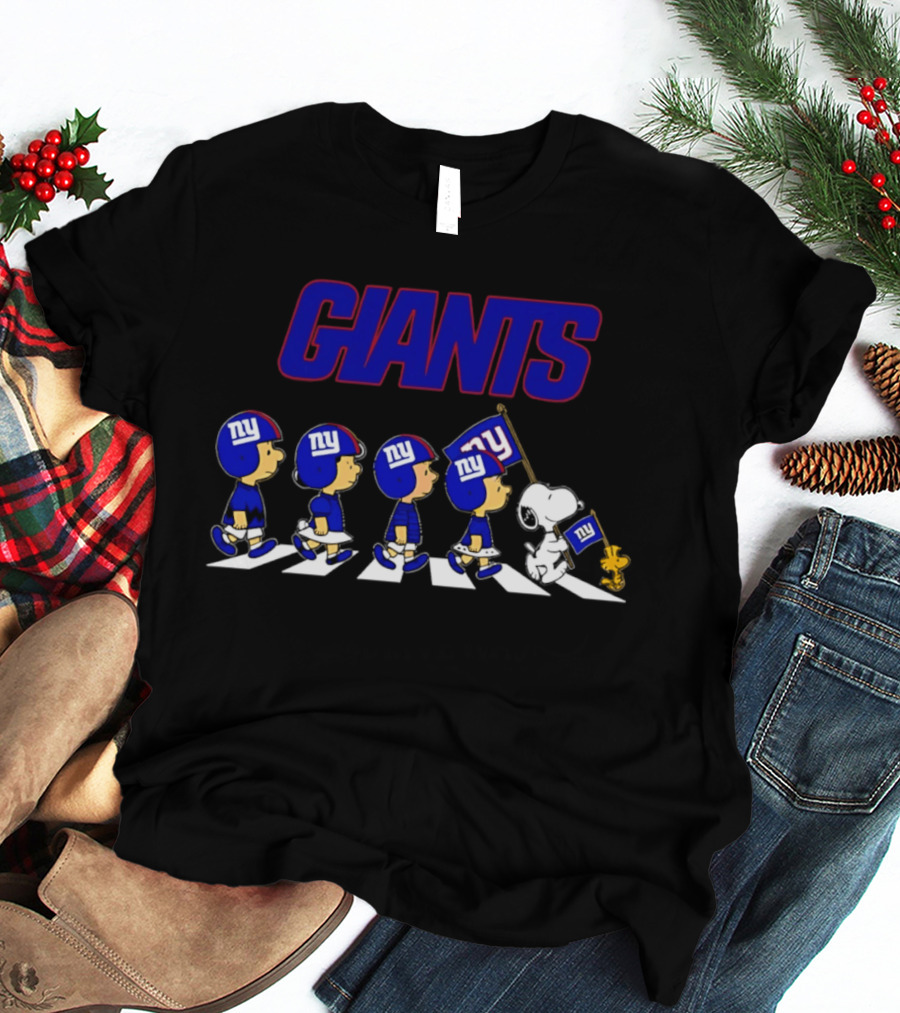 Peanuts Characters Walking With Giants Football Helmets And NY Flag T-Shirt